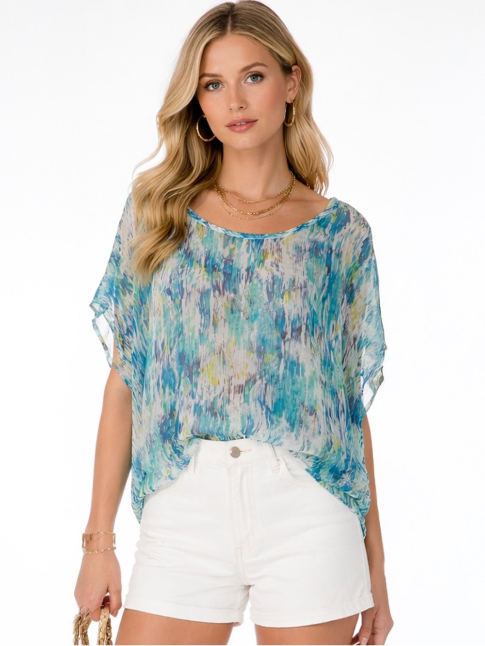 Ella Moss 💚💙🩵 Flowy Silk High-Low Blouse – Abstract Blue Print